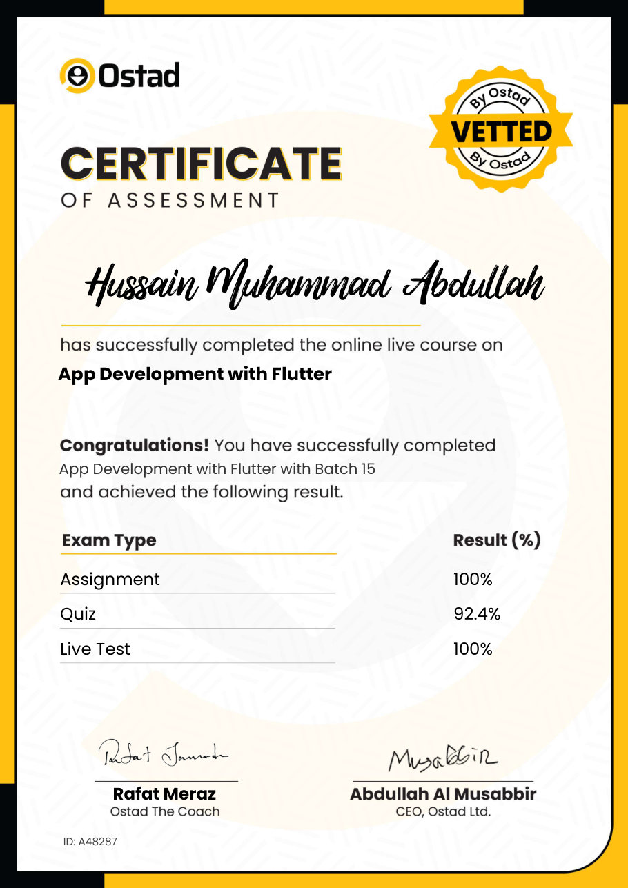 Ostad Certificate of Assessment, App Development with Flutter