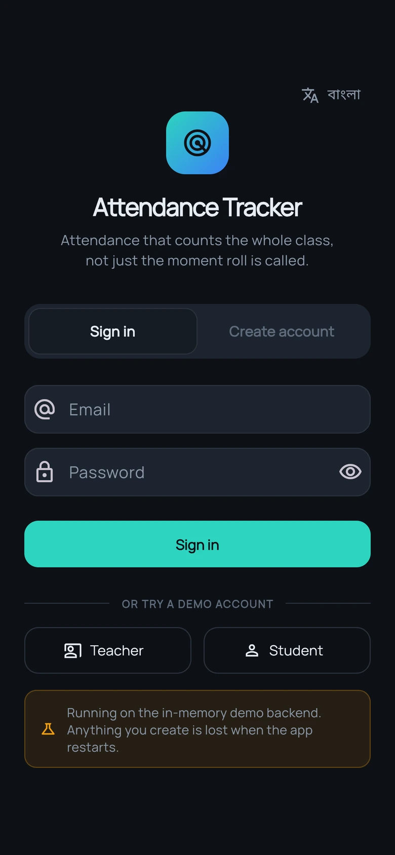 Attendance Tracker sign-in screen