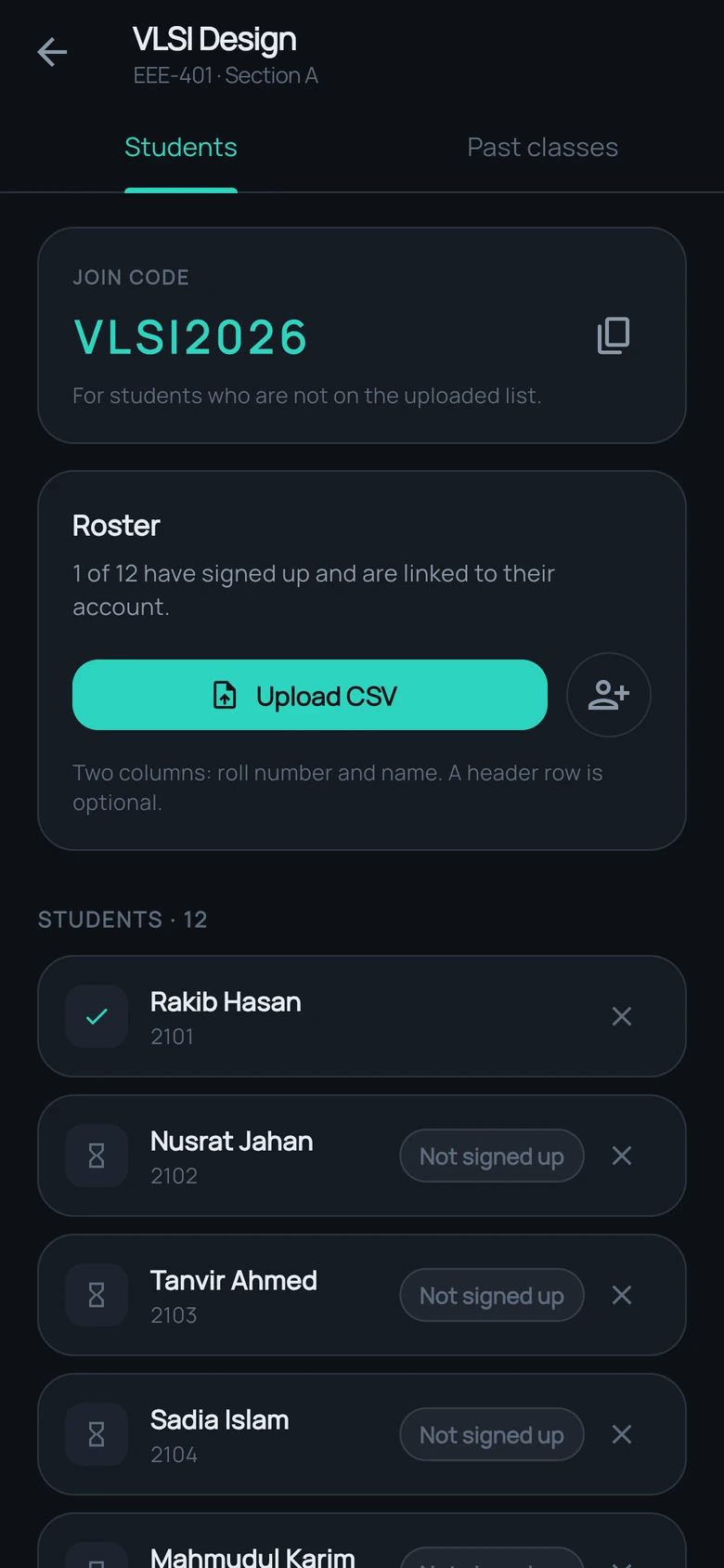 Course roster with join code