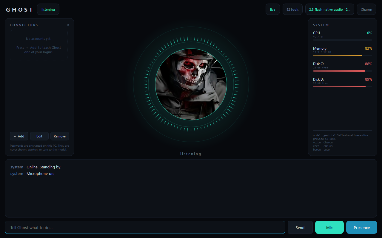 GHOST desktop window while listening, with system stats and a command box
